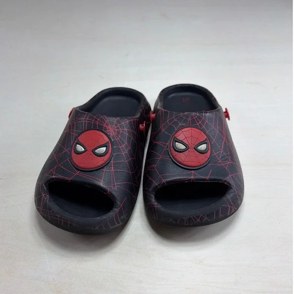 Marvel Spider-Man Kids Slip On Sandals Black Red Web Pattern Slides Size 12