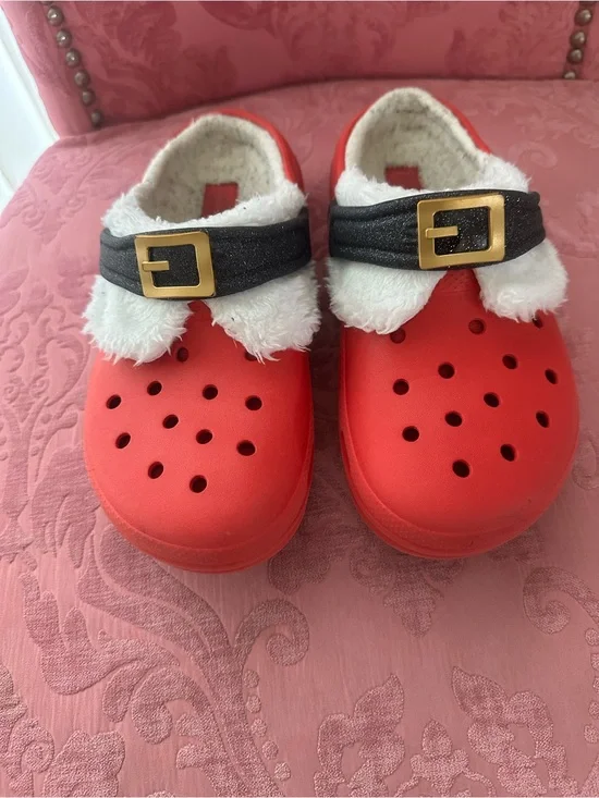 Santa Crocs size Junior 3 Kids Red Festive Faux-Fur Clog Shoes with Buckle Strap
