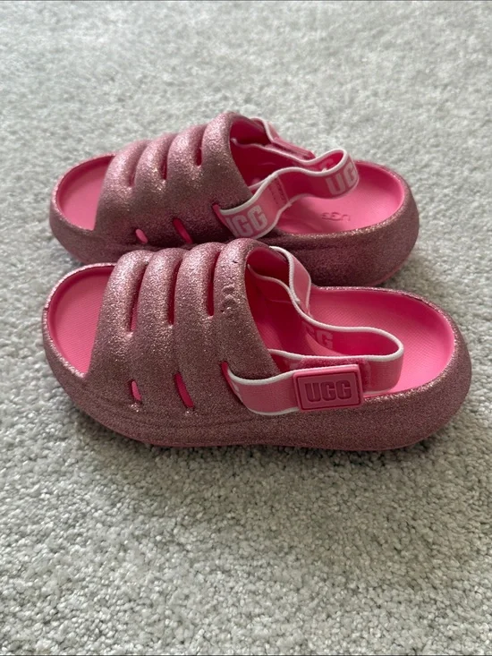 UGG Kids Glitter Pink Slide Sandals with Back Strap EUC 11-12
