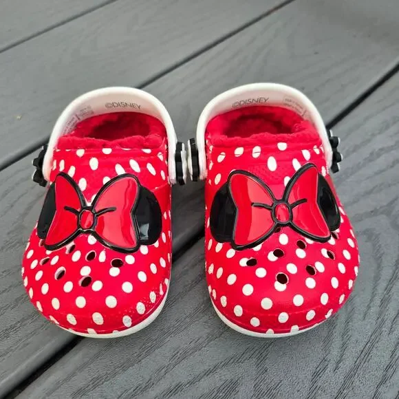 Crocs Minnie Mouse Fleece Lined Slip on clogs Red/Wht, Size C5