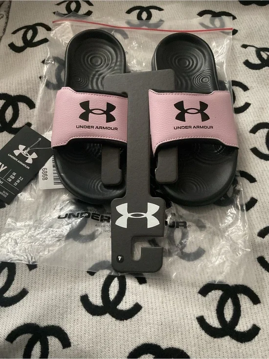 Under Armour Pink and Black Adjustable Slide Sandals