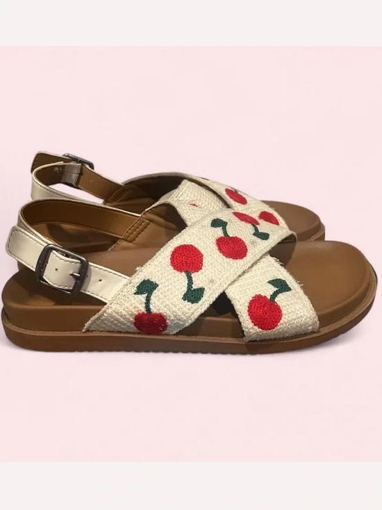 Cream Cherry Print Embroidered CrossStrap Sandals Y2K Cottagecore Girls Size 3 🍒