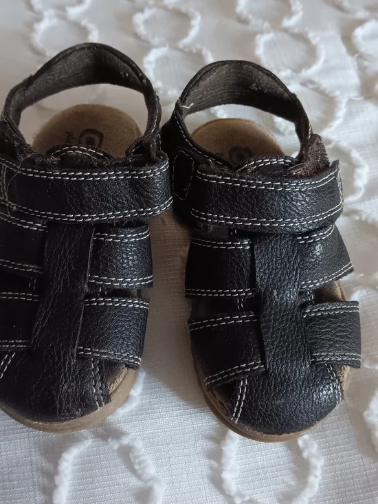 Kids Dark Brown Leather Sandals with White Stitching