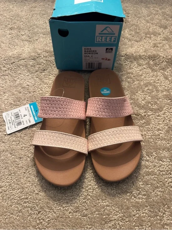 Reef Kids Banded Horizon Pink and Cream Slide Sandals