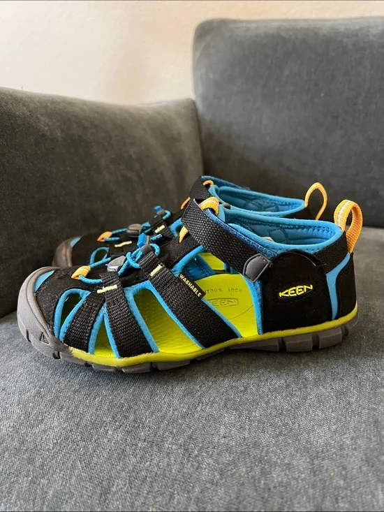 Keen Kids Black and Blue Sport Sandals with Yellow Accents