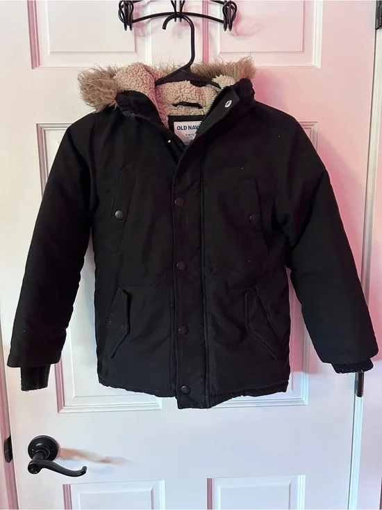 Old Navy Kids Black Puffer Coat with Faux Fur Trimmed Hood
