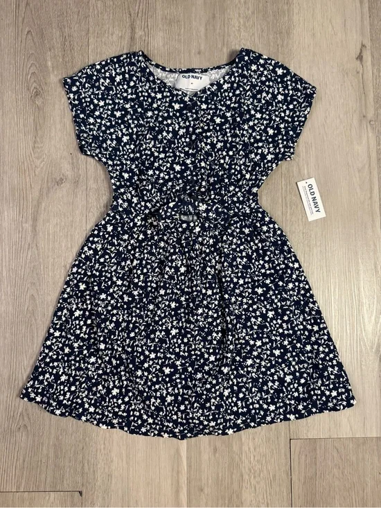 Old Navy Girls Blue And White Ribbed Button Tie Front Short Sleeve Dress 4T NWT.