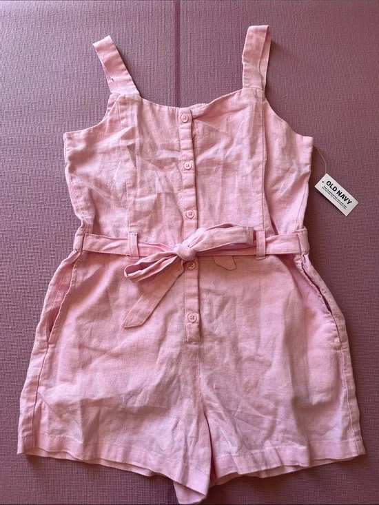 Old Navy Light Pink Linen-Blend Girls Romper with Tie Belt