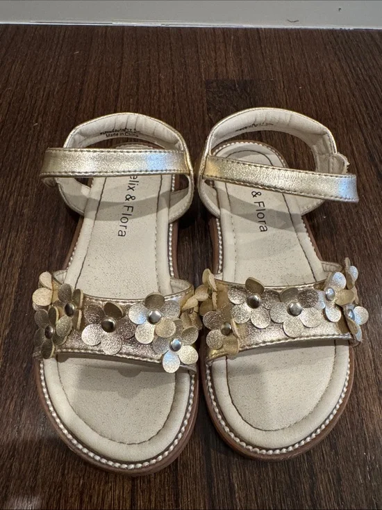 Felix & Flora Gold Floral Sandals Girls Size 10 Hook & Loop Dress Easter Wedding