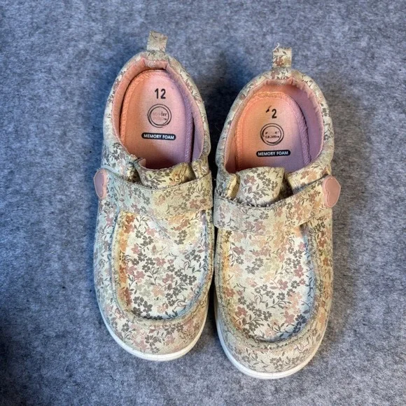 Wonder Nation Girls Floral Canvas Loafers Memory Foam Pink‎ Tan Size 12