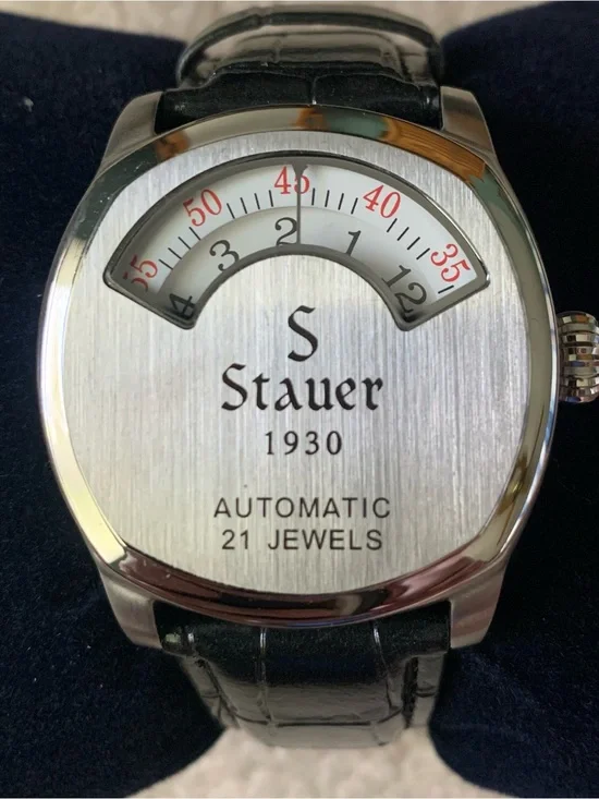 Stauer 1930 Jump Hour Watch - Black Leather Strap - NWT