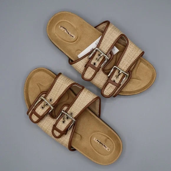 Crewcuts‎ Sandals Girls K13 Tan Beige Colbie Wide Strap Slides Buckle Detail NWT
