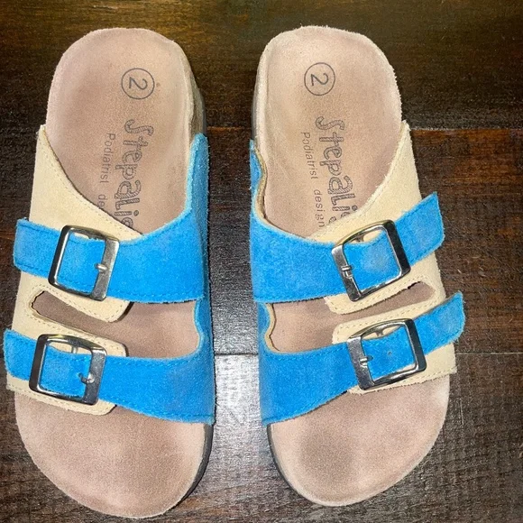 Kids Step Align Podiatrist design‎ Orthopedic Slip On Buckle Tan blue Sandals 2