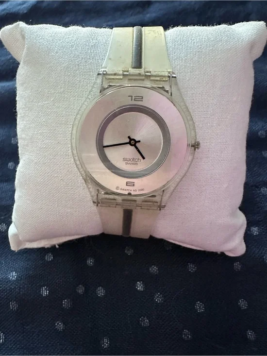 Swatch Silver Dial Transparent Case Watch with Light Beige Strap