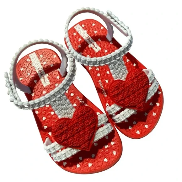 Ipanema Grendene Red White Heart Print Ankle Strap Sandals Infant Girls 6 Brazil