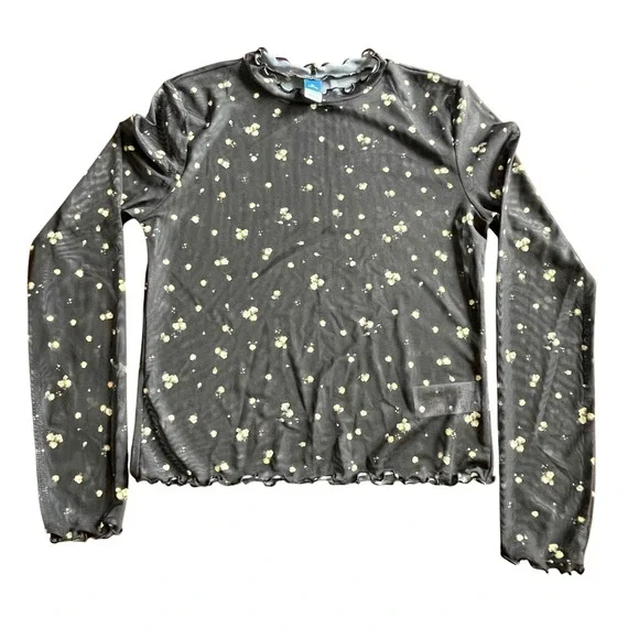 Old Navy Kids Girl XL 14-16 Black Floral Sheer Mesh Long Sleeve Lettuce Edge Top