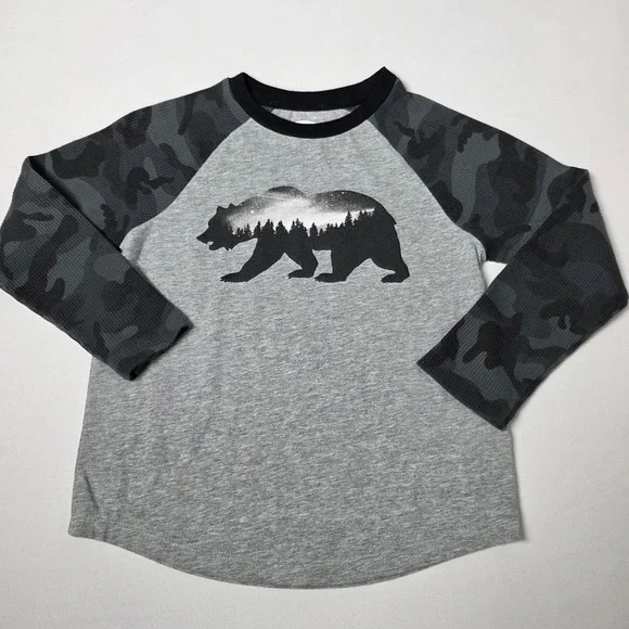 Old Navy Graphic Tee Kids Small 6-7‎ Grey Little Bear Camo Long Sleeve Shirt