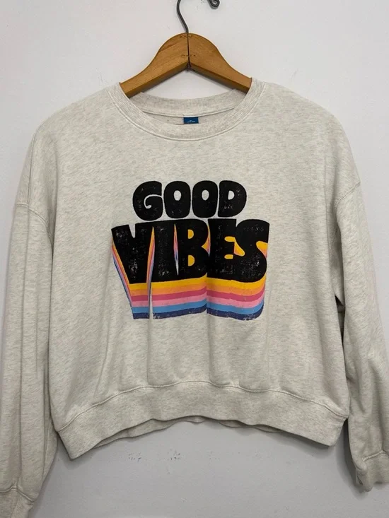 Old Navy Girl’s Grey Crewneck Sweatshirt Good Vibes Casual Cozy Size 14/16