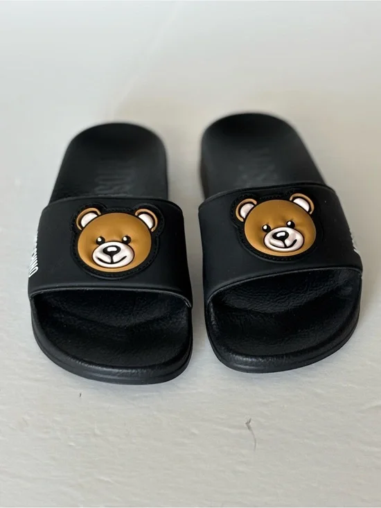 Moschino Black Kids Slide Sandals with Brown Bear Motif