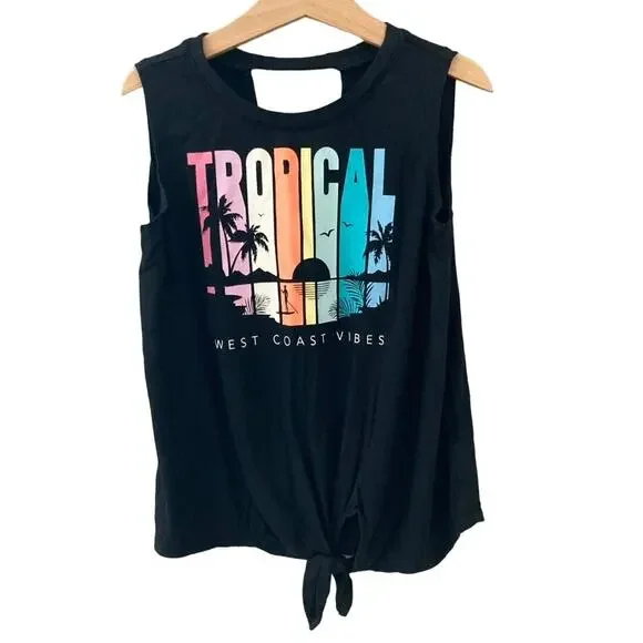 Old Navy Sleeveless Tie Front Tropical Graphic Tee - Black - Small 6/7