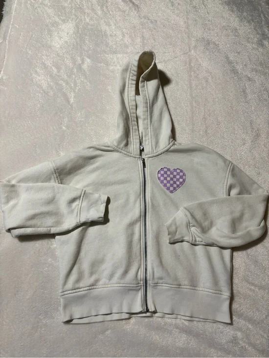 Old Navy Cream Zip Hoodie with Purple Check Heart