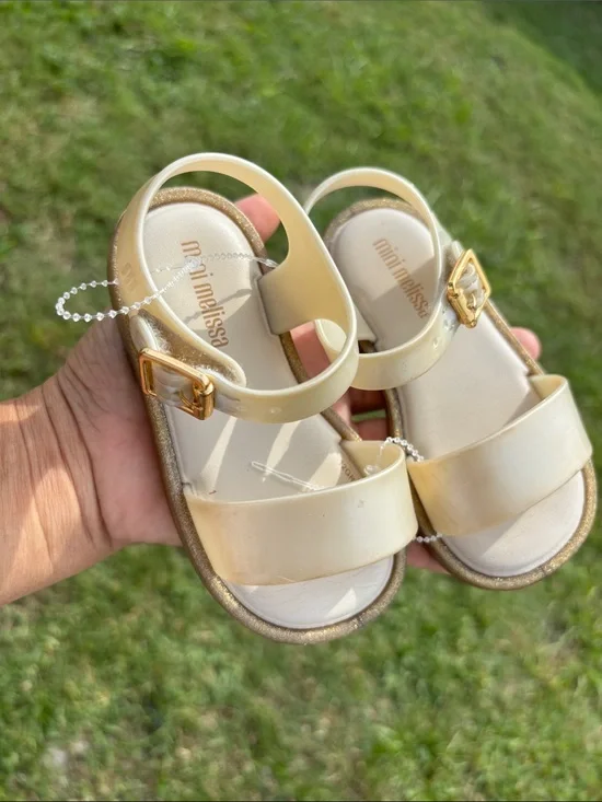 Mini Melissa Cream Jelly Sandals with Gold Buckles