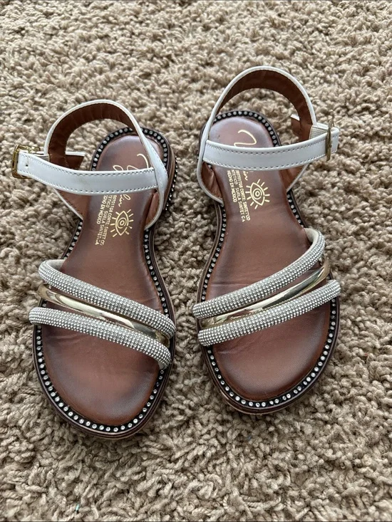 Jewel White and Gold Rhinestone Strap Kids Sandals