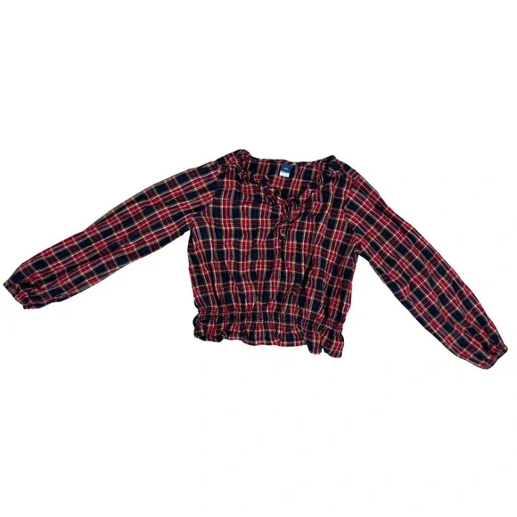 Old Navy Girls Red Navy Plaid Smocked Hem Long Sleeve Blouse Top L 10-12