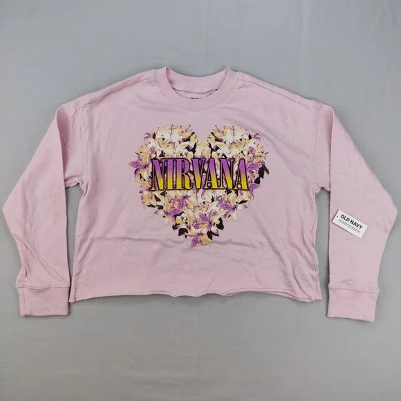 Old Navy Graphic Tee Girl XL Pink Nirvana Floral Heart Cropped Long Sleeve Shirt
