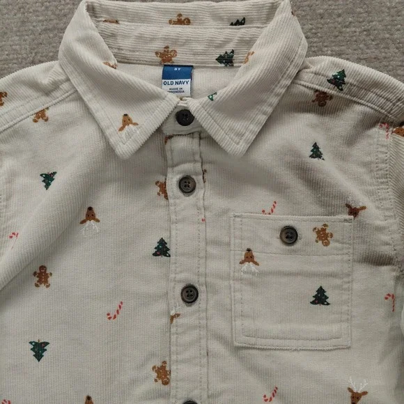 Old Navy Boys 5T Long Sleeve Christmas Print Corduroy Button Shirt Cream NEW