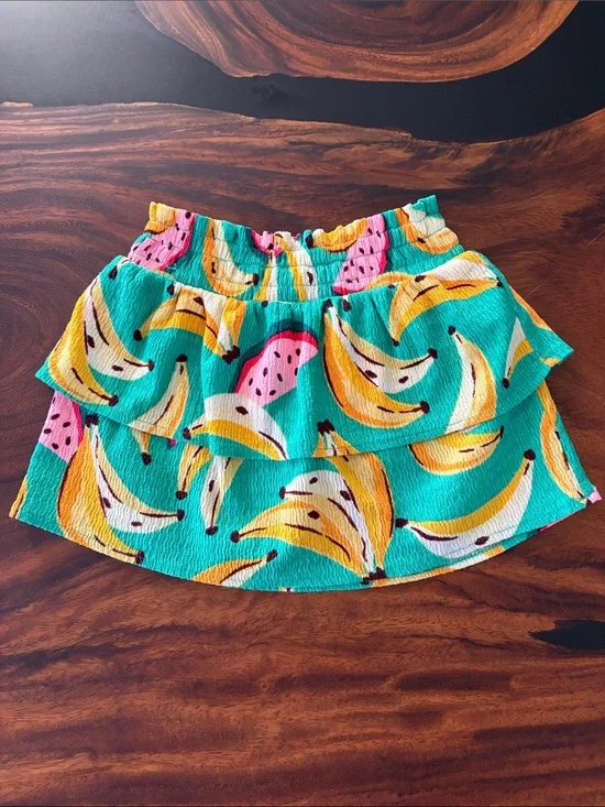 Old Navy Turquoise Banana Print Tiered Skort with Yellow and Pink Accents