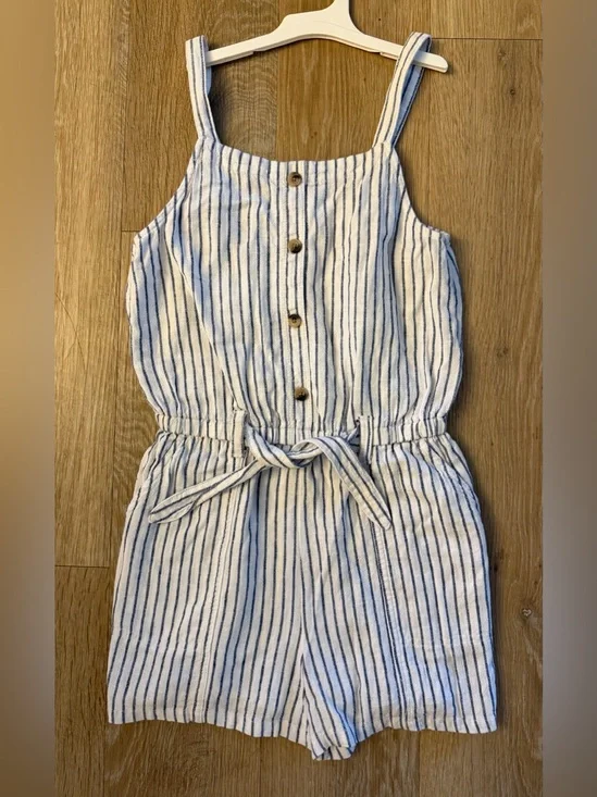 Old Navy Girl's Size 10-12 White & Navy Striped Linen Blend Romper