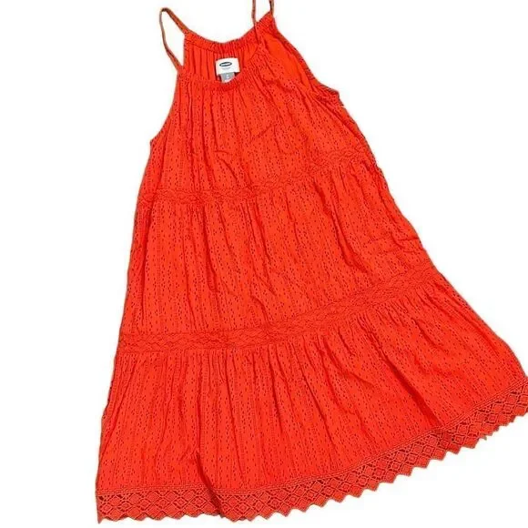 Old Navy Sleeveless Dress Polka Striped Print Midi Lace Orange Girls Medium 8‎