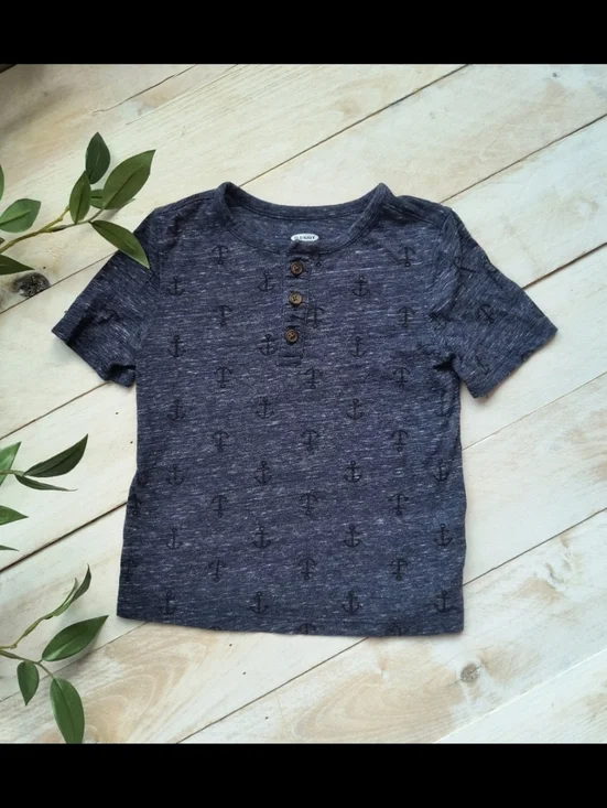 Old Navy Boys Nautical Short Sleeve Button Up Shirt With Anchor Pattern Blue 3T