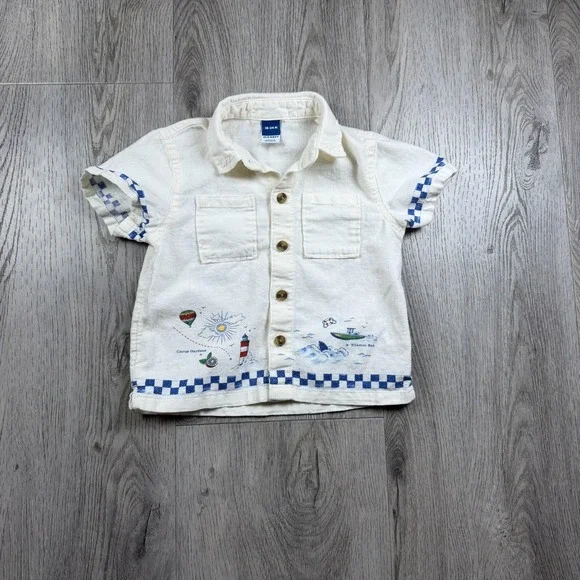 Old Navy Shirt Boys 18-24 Months White Linen Map Graphic Button Up Short Sleeve‎