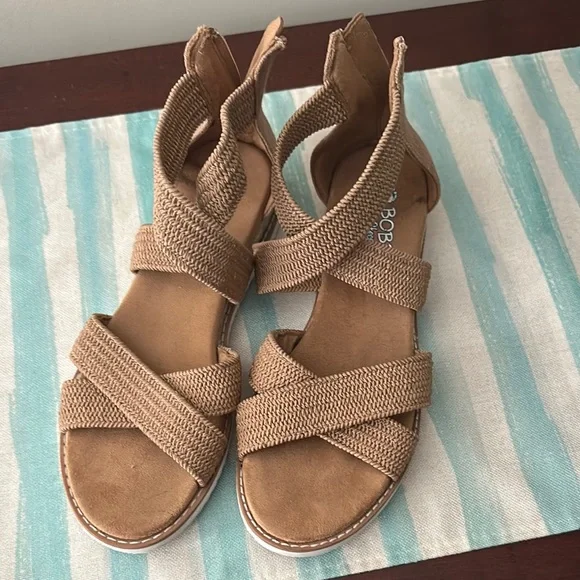 BOBS from Skechers Tan Woven Strappy Wedge Sandals