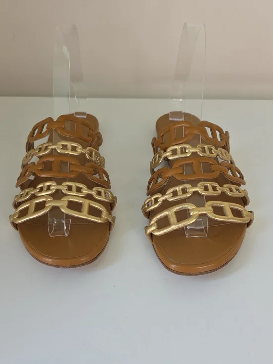 Hermes Brown Slide Sandals with Gold Chain Straps.  Size 38.  US Size 7 1/2.