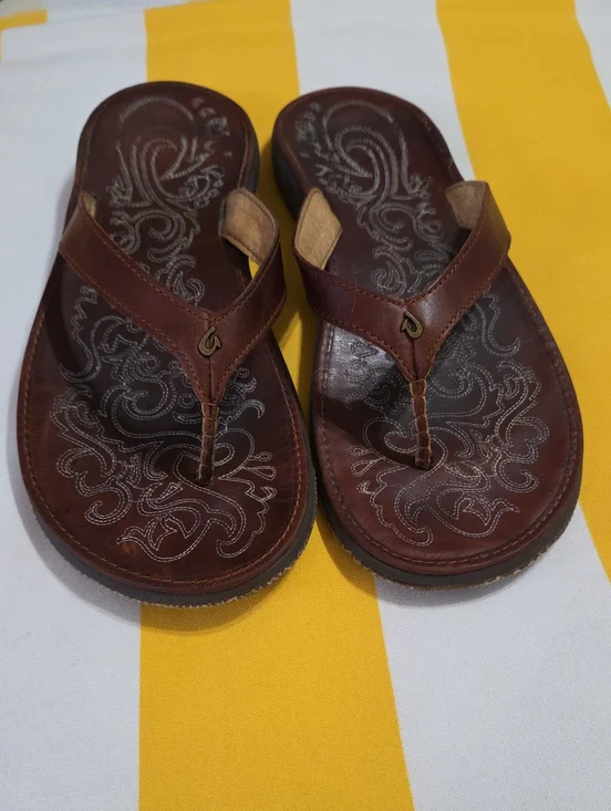 OluKai Brown Leather Women's Embroidered Flip-Flop Sandals