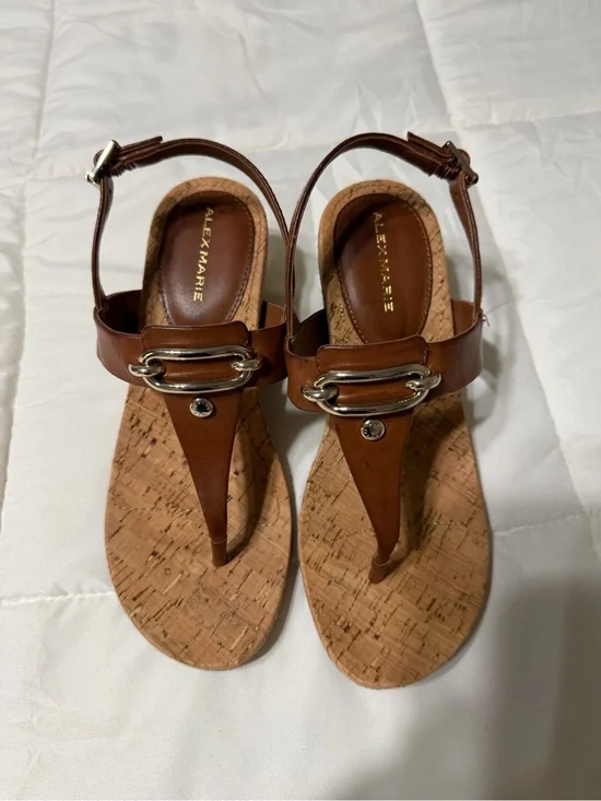 Alex Marie Tan Leather Cork Thong Sandals with Silver Accents