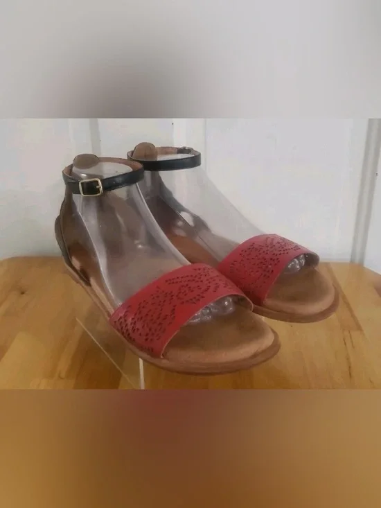 Red Laser-Cut Ankle-Strap Flat Sandals