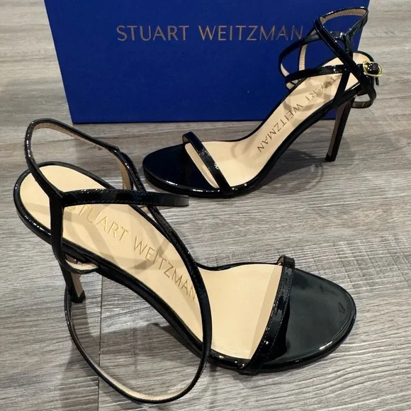 Stuart Weitzman BarelyNude 100 Wrap Black Patent Heel Sandals