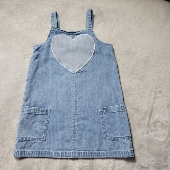 Old Navy Girls 4T Blue Denim‎ Heart Pinafore Jumper Dress Light Wash Cotton