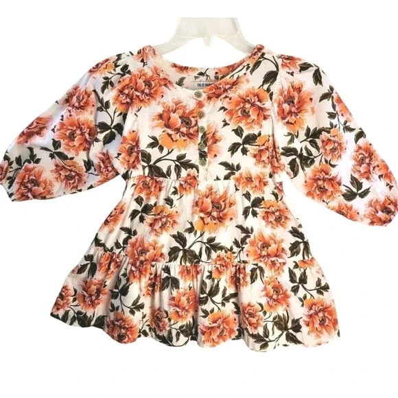 Old Navy Girls Floral Peplum Dress XS 5‎ Ivory Peach Button Front Cottagecore