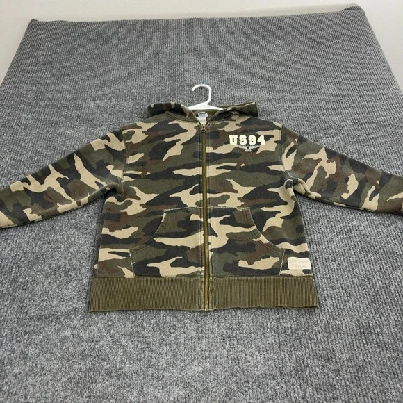 Old Navy Zip Up Hoodie Boy M Green Camo Cotton Blend US94 Surplus Military Style