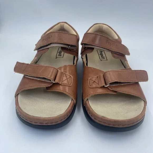 Propet Womens 9 2E Extra Wide Brown Leather Comfort Sandals Adjustable Hook Loop