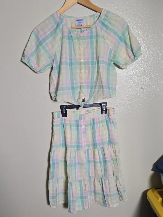 Old Navy Pastel Plaid Crop Top and Tiered Skirt Set - Mint, Yellow, Pink