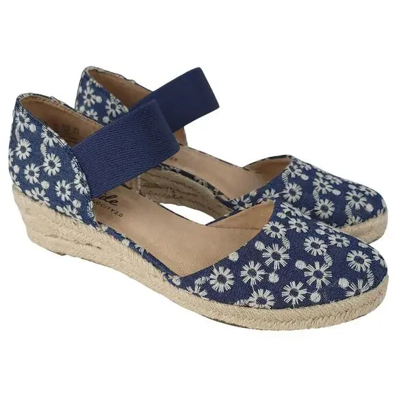 LifeStride Kaylee Sandals 9.5M Blue Denim Embroidered Wedge Heel Espadrille