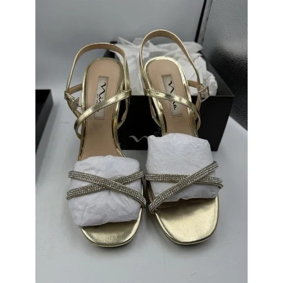 New With Box Nina Gold Strappy Sandals with Rhinestone Accents Size 7.5 M