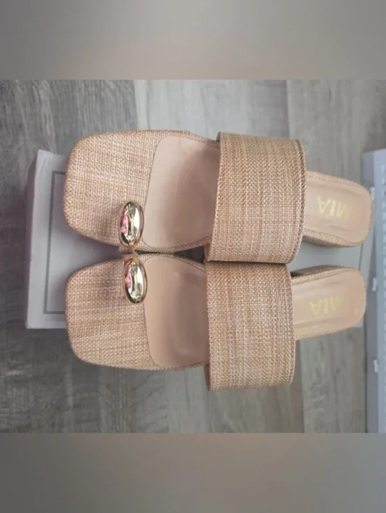 MIA Beige Woven Slide Sandals with Gold Toe Ring