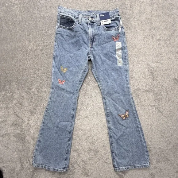 Old Navy Jeans Girls 14 Blue Flared High-Rise Adjustable Waist Embroidered